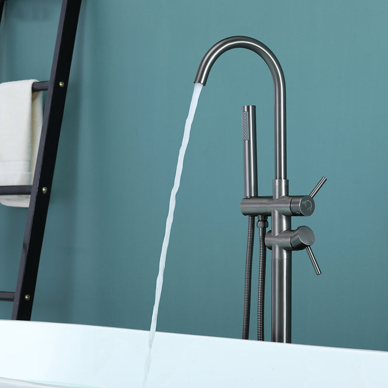 Floor Mounted Metal Freestanding Tub Filler Two Handles Freestanding Tub Filler Trim Clearhalo 'Bathroom Remodel & Bathroom Fixtures' 'Bathtub Faucets' 'bathtub_faucets' 'Home Improvement' 'home_improvement' 'home_improvement_bathtub_faucets' 6743627