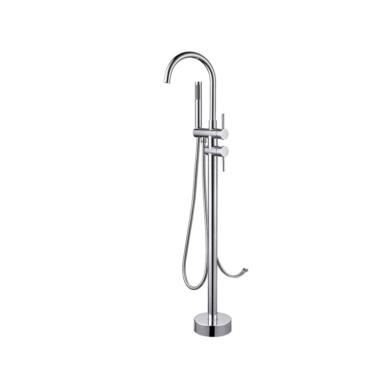 Floor Mounted Metal Freestanding Tub Filler Two Handles Freestanding Tub Filler Trim Chrome Gooseneck Wall Clearhalo 'Bathroom Remodel & Bathroom Fixtures' 'Bathtub Faucets' 'bathtub_faucets' 'Home Improvement' 'home_improvement' 'home_improvement_bathtub_faucets' 6743636