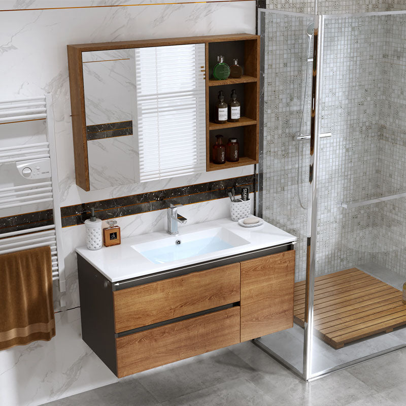 2 Drawers Vanity Wood Frame Freestanding Shelving Included Mirror Single Sink Vanity Vanity & Faucet & Mirror Cabinet Clearhalo 'Bathroom Remodel & Bathroom Fixtures' 'Bathroom Vanities' 'bathroom_vanities' 'Home Improvement' 'home_improvement' 'home_improvement_bathroom_vanities' 6743870