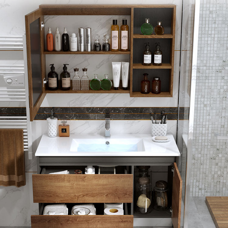 2 Drawers Vanity Wood Frame Freestanding Shelving Included Mirror Single Sink Vanity Clearhalo 'Bathroom Remodel & Bathroom Fixtures' 'Bathroom Vanities' 'bathroom_vanities' 'Home Improvement' 'home_improvement' 'home_improvement_bathroom_vanities' 6743877