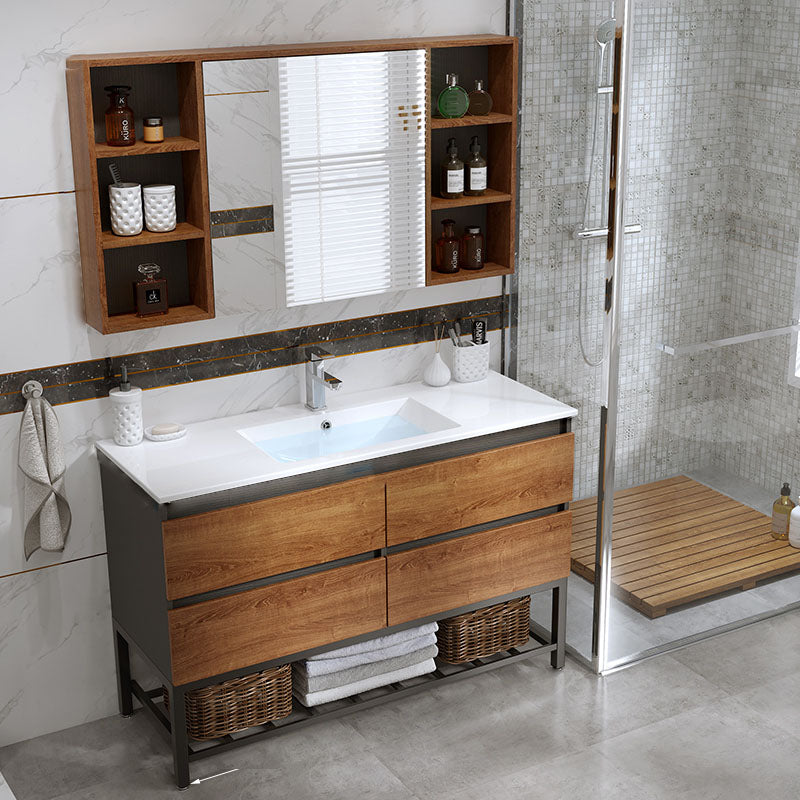 2 Drawers Vanity Wood Frame Freestanding Shelving Included Mirror Single Sink Vanity Vanity & Faucet & Mirror Cabinet 48"L x 19"W x 32"H Clearhalo 'Bathroom Remodel & Bathroom Fixtures' 'Bathroom Vanities' 'bathroom_vanities' 'Home Improvement' 'home_improvement' 'home_improvement_bathroom_vanities' 6743878