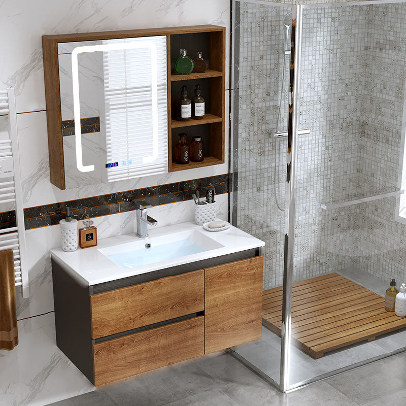 2 Drawers Vanity Wood Frame Freestanding Shelving Included Mirror Single Sink Vanity Vanity & Faucet & Smart Medicine Cabinet Clearhalo 'Bathroom Remodel & Bathroom Fixtures' 'Bathroom Vanities' 'bathroom_vanities' 'Home Improvement' 'home_improvement' 'home_improvement_bathroom_vanities' 6743883