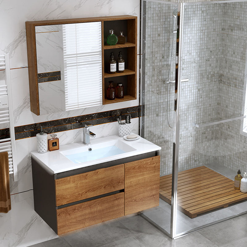 2 Drawers Vanity Wood Frame Freestanding Shelving Included Mirror Single Sink Vanity Vanity & Faucet & Mirror Cabinet Clearhalo 'Bathroom Remodel & Bathroom Fixtures' 'Bathroom Vanities' 'bathroom_vanities' 'Home Improvement' 'home_improvement' 'home_improvement_bathroom_vanities' 6743893