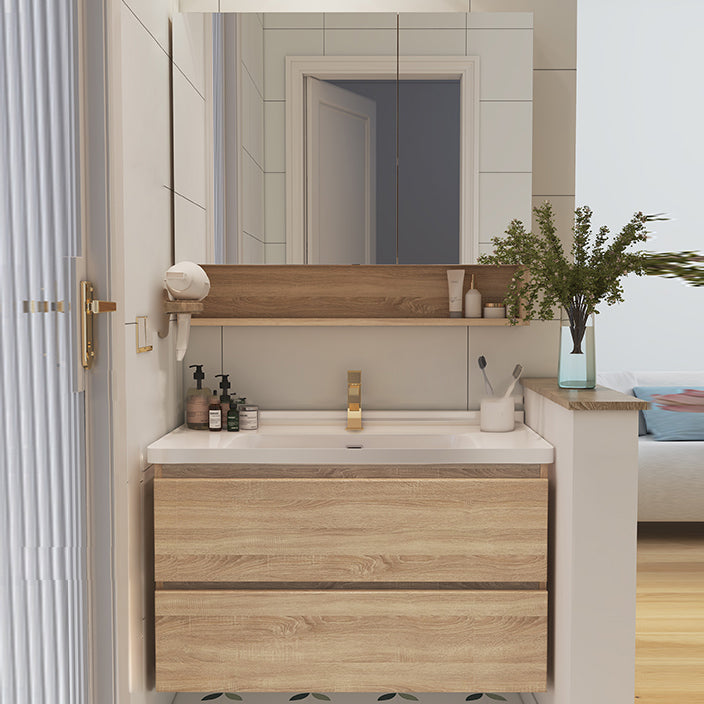 Drawers Bath Vanity Wood Mirror Rectangle Single Sink Wall Mount Vanity Set Vanity & Faucet & Mirror Cabinet Clearhalo 'Bathroom Remodel & Bathroom Fixtures' 'Bathroom Vanities' 'bathroom_vanities' 'Home Improvement' 'home_improvement' 'home_improvement_bathroom_vanities' 6743974