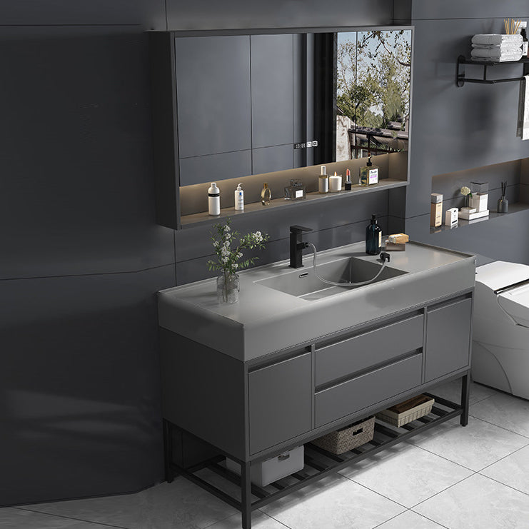 Single Sink Grey Vanity Shelving Included Mirror Rectangle Vanity with 2 Drawers Vanity & Faucet & Mirror Cabinet Clearhalo 'Bathroom Remodel & Bathroom Fixtures' 'Bathroom Vanities' 'bathroom_vanities' 'Home Improvement' 'home_improvement' 'home_improvement_bathroom_vanities' 6752757