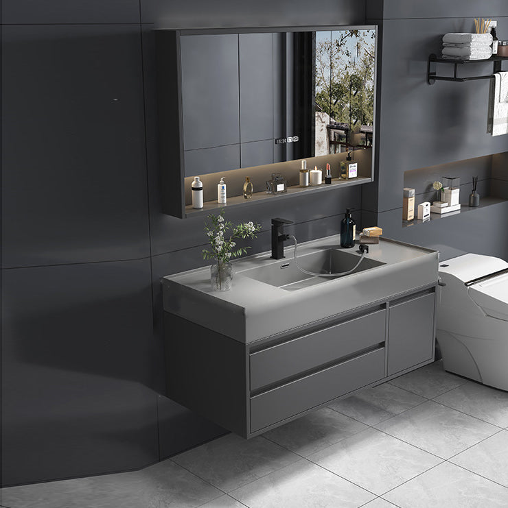 Single Sink Grey Vanity Shelving Included Mirror Rectangle Vanity with 2 Drawers Vanity & Faucet & Mirror Cabinet Clearhalo 'Bathroom Remodel & Bathroom Fixtures' 'Bathroom Vanities' 'bathroom_vanities' 'Home Improvement' 'home_improvement' 'home_improvement_bathroom_vanities' 6752758