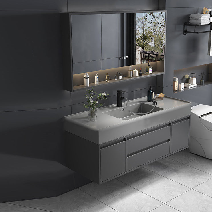 Single Sink Grey Vanity Shelving Included Mirror Rectangle Vanity with 2 Drawers Vanity & Faucet & Mirror Cabinet Clearhalo 'Bathroom Remodel & Bathroom Fixtures' 'Bathroom Vanities' 'bathroom_vanities' 'Home Improvement' 'home_improvement' 'home_improvement_bathroom_vanities' 6752759