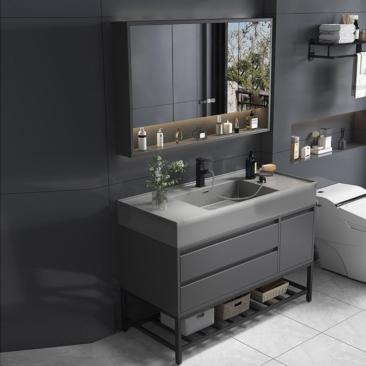 Single Sink Grey Vanity Shelving Included Mirror Rectangle Vanity with 2 Drawers Vanity & Faucet & Mirror Cabinet Clearhalo 'Bathroom Remodel & Bathroom Fixtures' 'Bathroom Vanities' 'bathroom_vanities' 'Home Improvement' 'home_improvement' 'home_improvement_bathroom_vanities' 6752761