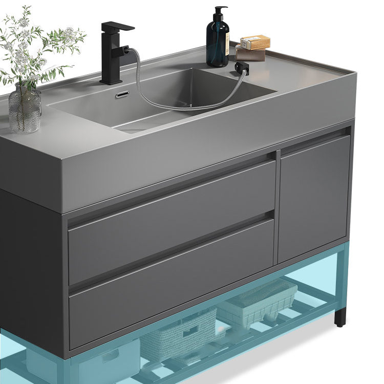 Single Sink Grey Vanity Shelving Included Mirror Rectangle Vanity with 2 Drawers Clearhalo 'Bathroom Remodel & Bathroom Fixtures' 'Bathroom Vanities' 'bathroom_vanities' 'Home Improvement' 'home_improvement' 'home_improvement_bathroom_vanities' 6752770