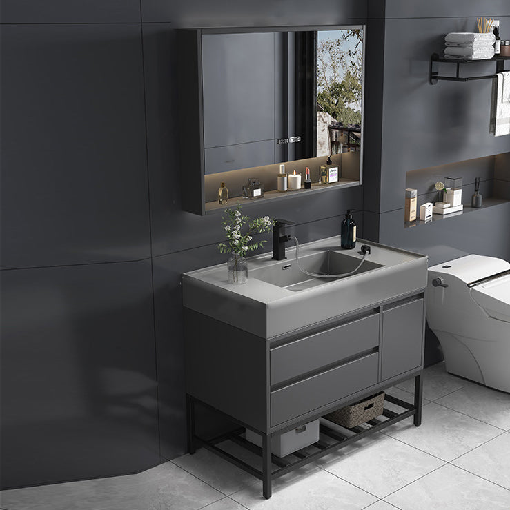 Single Sink Grey Vanity Shelving Included Mirror Rectangle Vanity with 2 Drawers Vanity & Faucet & Mirror Cabinet Clearhalo 'Bathroom Remodel & Bathroom Fixtures' 'Bathroom Vanities' 'bathroom_vanities' 'Home Improvement' 'home_improvement' 'home_improvement_bathroom_vanities' 6752772