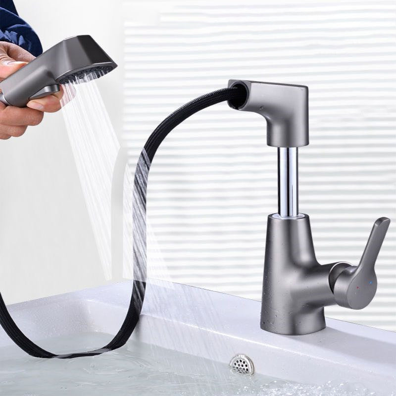 Modern Vessel Sink Faucet Copper Single Handle Retractable Low Arc Vessel Faucet Clearhalo 'Bathroom Remodel & Bathroom Fixtures' 'Bathroom Sink Faucets' 'Bathroom Sinks & Faucet Components' 'bathroom_sink_faucets' 'Home Improvement' 'home_improvement' 'home_improvement_bathroom_sink_faucets' 6756301