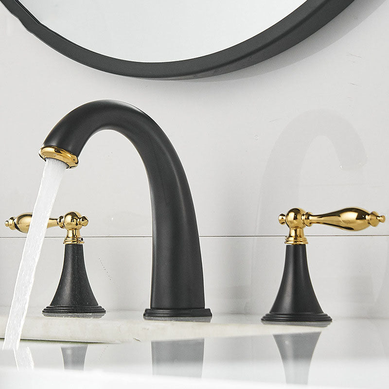 Modern Widespread Sink Faucet Plain Bathroom Double Handle Faucet with Lever Handle Black-Gold Clearhalo 'Bathroom Remodel & Bathroom Fixtures' 'Bathroom Sink Faucets' 'Bathroom Sinks & Faucet Components' 'bathroom_sink_faucets' 'Home Improvement' 'home_improvement' 'home_improvement_bathroom_sink_faucets' 6756338