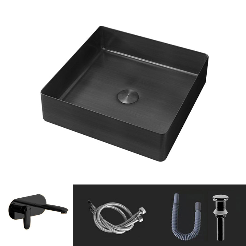 Contemporary Trough Bathroom Sink Solid Color Metal Trough Sink 15"L x 15"W x 4"H Black Round Faucet Clearhalo 'Bathroom Remodel & Bathroom Fixtures' 'Bathroom Sinks & Faucet Components' 'Bathroom Sinks' 'bathroom_sink' 'Home Improvement' 'home_improvement' 'home_improvement_bathroom_sink' 6756621