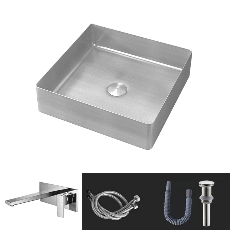 Contemporary Trough Bathroom Sink Solid Color Metal Trough Sink 15"L x 15"W x 4"H Silver Square Faucet Clearhalo 'Bathroom Remodel & Bathroom Fixtures' 'Bathroom Sinks & Faucet Components' 'Bathroom Sinks' 'bathroom_sink' 'Home Improvement' 'home_improvement' 'home_improvement_bathroom_sink' 6756624