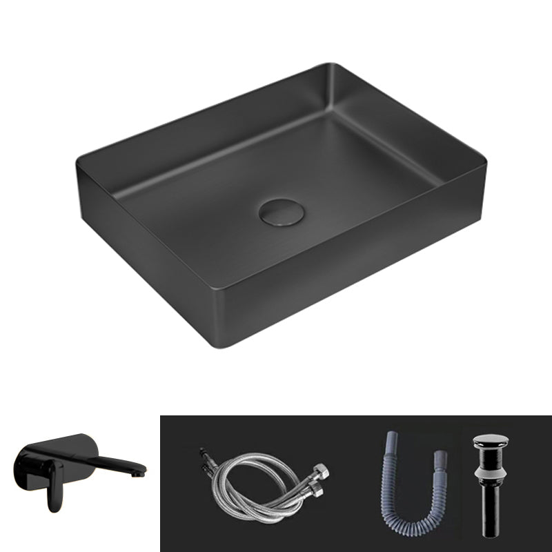 Contemporary Trough Bathroom Sink Solid Color Metal Trough Sink 19"L x 14"W x 4"H Black Round Faucet Clearhalo 'Bathroom Remodel & Bathroom Fixtures' 'Bathroom Sinks & Faucet Components' 'Bathroom Sinks' 'bathroom_sink' 'Home Improvement' 'home_improvement' 'home_improvement_bathroom_sink' 6756625