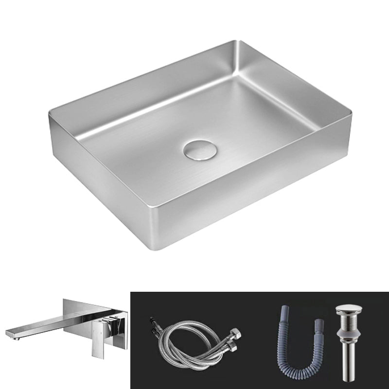 Contemporary Trough Bathroom Sink Solid Color Metal Trough Sink 19"L x 14"W x 4"H Silver Square Faucet Clearhalo 'Bathroom Remodel & Bathroom Fixtures' 'Bathroom Sinks & Faucet Components' 'Bathroom Sinks' 'bathroom_sink' 'Home Improvement' 'home_improvement' 'home_improvement_bathroom_sink' 6756627