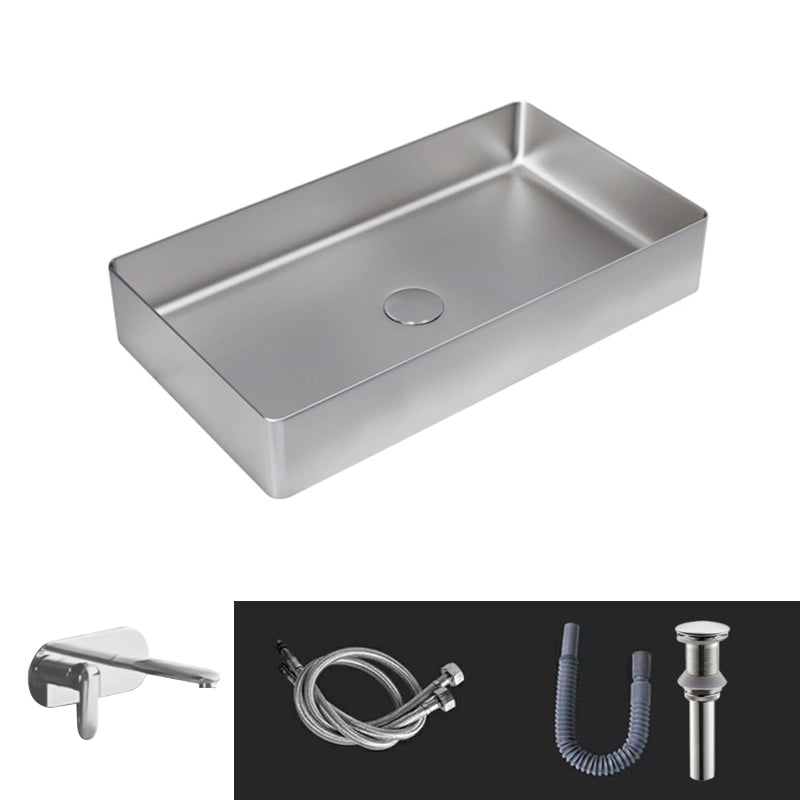 Contemporary Trough Bathroom Sink Solid Color Metal Trough Sink 22"L x 13"W x 4"H Silver Round Faucet Clearhalo 'Bathroom Remodel & Bathroom Fixtures' 'Bathroom Sinks & Faucet Components' 'Bathroom Sinks' 'bathroom_sink' 'Home Improvement' 'home_improvement' 'home_improvement_bathroom_sink' 6756636