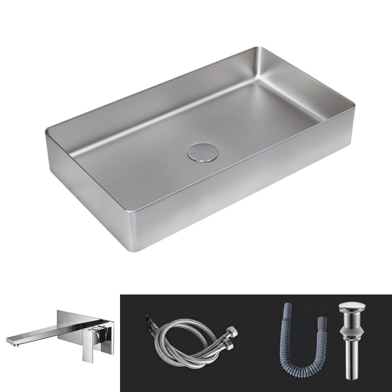 Contemporary Trough Bathroom Sink Solid Color Metal Trough Sink 22"L x 13"W x 4"H Silver Square Faucet Clearhalo 'Bathroom Remodel & Bathroom Fixtures' 'Bathroom Sinks & Faucet Components' 'Bathroom Sinks' 'bathroom_sink' 'Home Improvement' 'home_improvement' 'home_improvement_bathroom_sink' 6756638