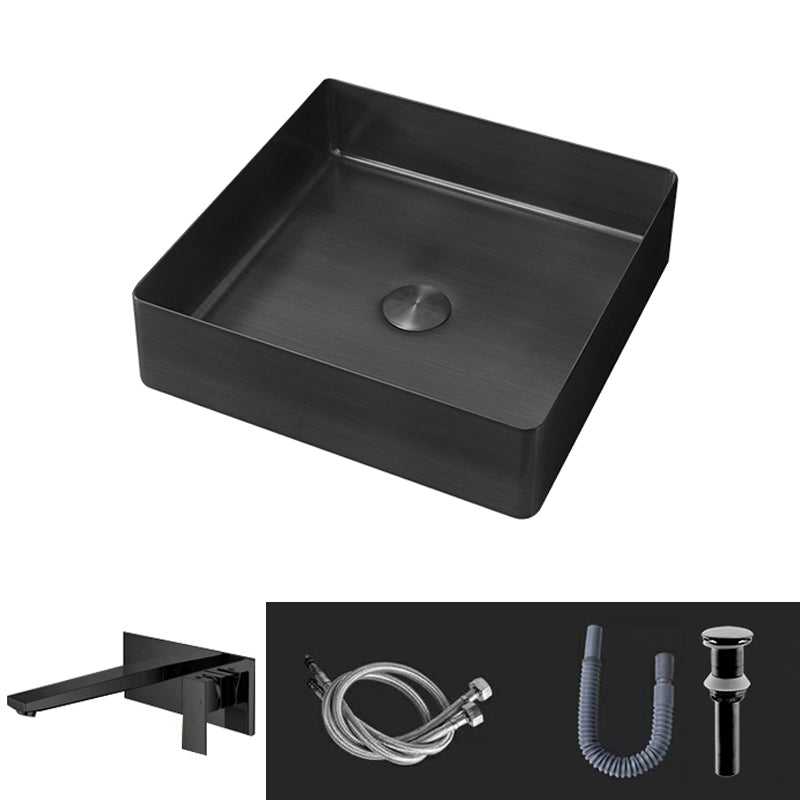 Contemporary Trough Bathroom Sink Solid Color Metal Trough Sink 15"L x 15"W x 4"H Black Square Faucet Clearhalo 'Bathroom Remodel & Bathroom Fixtures' 'Bathroom Sinks & Faucet Components' 'Bathroom Sinks' 'bathroom_sink' 'Home Improvement' 'home_improvement' 'home_improvement_bathroom_sink' 6756639