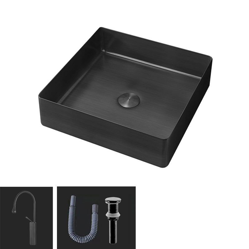 Contemporary Trough Bathroom Sink Solid Color Metal Trough Sink 15"L x 15"W x 4"H Black Gooseneck Clearhalo 'Bathroom Remodel & Bathroom Fixtures' 'Bathroom Sinks & Faucet Components' 'Bathroom Sinks' 'bathroom_sink' 'Home Improvement' 'home_improvement' 'home_improvement_bathroom_sink' 6756641