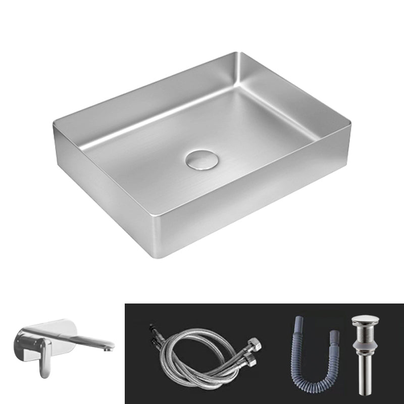 Contemporary Trough Bathroom Sink Solid Color Metal Trough Sink 19"L x 14"W x 4"H Silver Round Faucet Clearhalo 'Bathroom Remodel & Bathroom Fixtures' 'Bathroom Sinks & Faucet Components' 'Bathroom Sinks' 'bathroom_sink' 'Home Improvement' 'home_improvement' 'home_improvement_bathroom_sink' 6756644