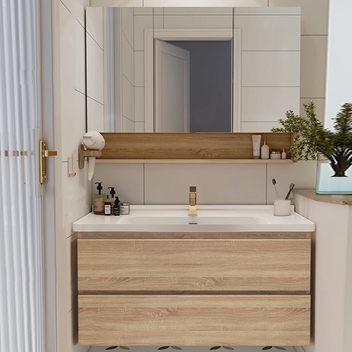 Drawers Bath Vanity Wood Mirror Rectangle Single Sink Wall Mount Vanity Set Vanity & Faucet & Mirror Cabinet Clearhalo 'Bathroom Remodel & Bathroom Fixtures' 'Bathroom Vanities' 'bathroom_vanities' 'Home Improvement' 'home_improvement' 'home_improvement_bathroom_vanities' 6758510