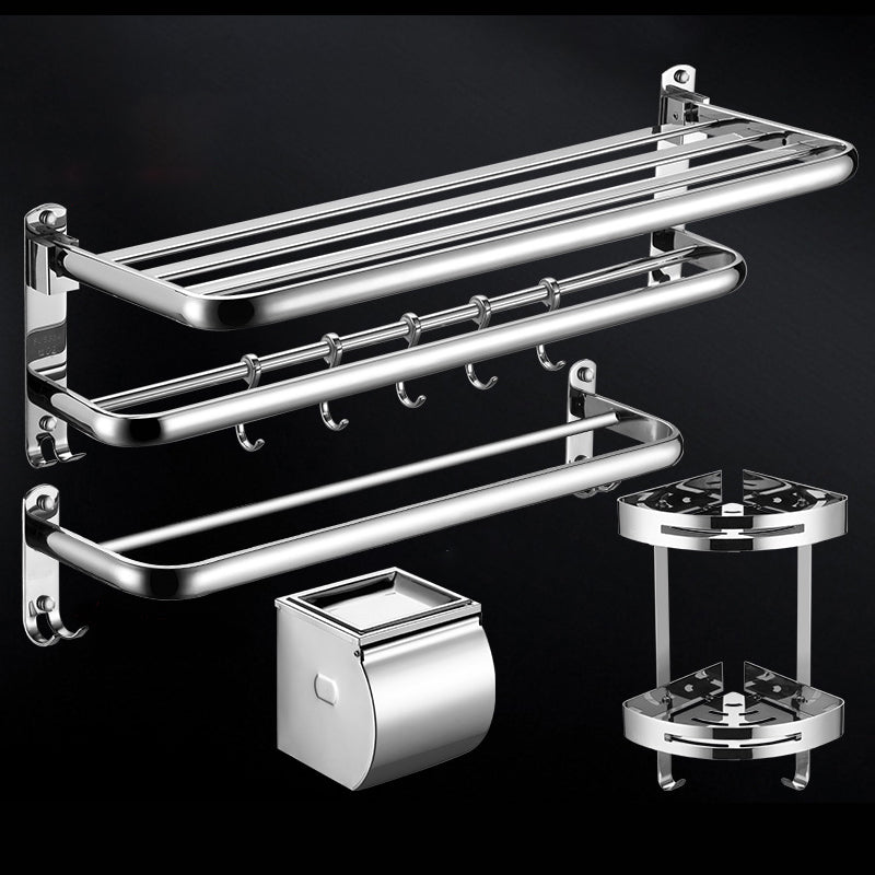 Modern Stainless Steel Bath Shelf Paper Holder Bathroom Accessory Kit 4-Piece Set (Double Rods) Clearhalo 'Bathroom Hardware Sets' 'Bathroom Hardware' 'Bathroom Remodel & Bathroom Fixtures' 'bathroom_hardware_sets' 'Home Improvement' 'home_improvement' 'home_improvement_bathroom_hardware_sets' 6762987