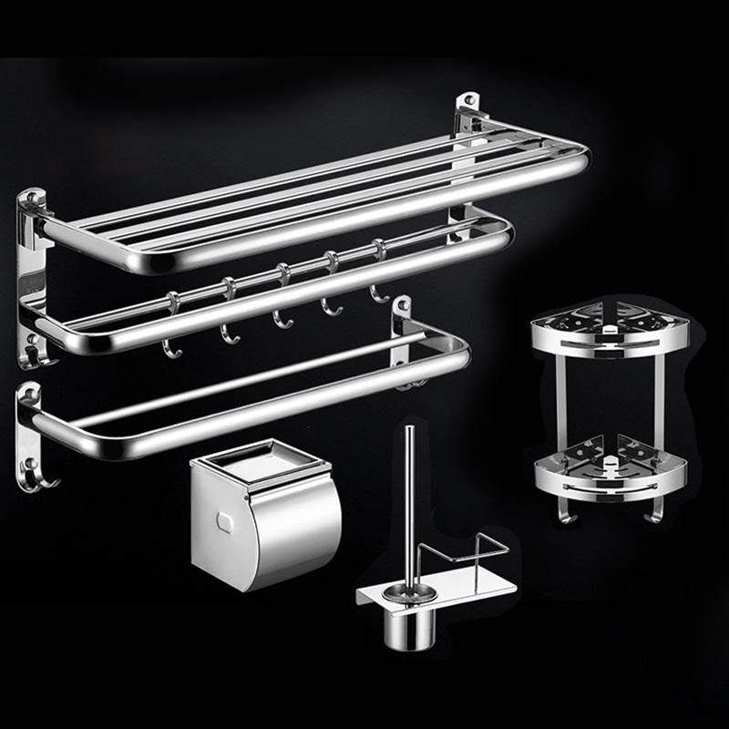 Modern Stainless Steel Bath Shelf Paper Holder Bathroom Accessory Kit 5-Piece Set (Double Rods) Clearhalo 'Bathroom Hardware Sets' 'Bathroom Hardware' 'Bathroom Remodel & Bathroom Fixtures' 'bathroom_hardware_sets' 'Home Improvement' 'home_improvement' 'home_improvement_bathroom_hardware_sets' 6762988