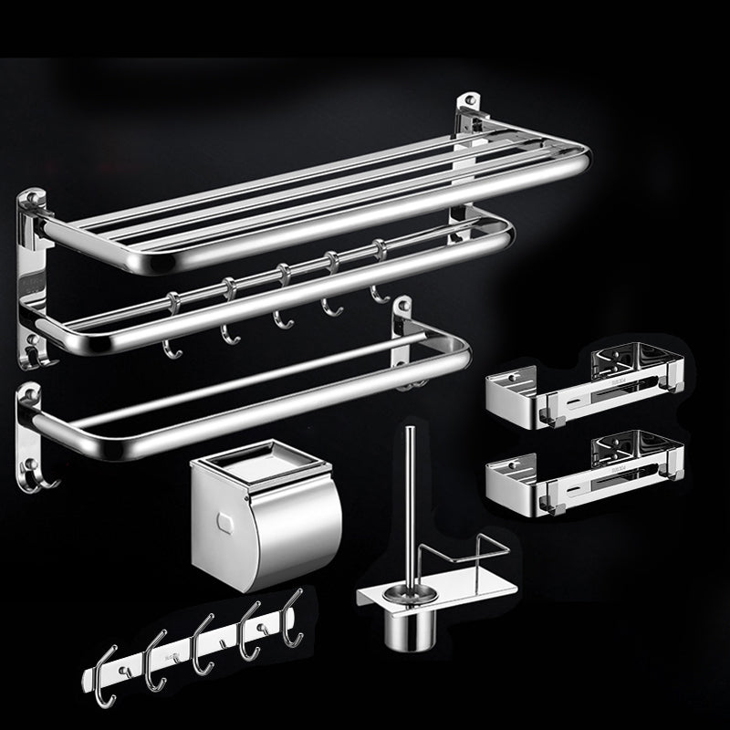 Modern Stainless Steel Bath Shelf Paper Holder Bathroom Accessory Kit 7-Piece Set (Double Rods) Clearhalo 'Bathroom Hardware Sets' 'Bathroom Hardware' 'Bathroom Remodel & Bathroom Fixtures' 'bathroom_hardware_sets' 'Home Improvement' 'home_improvement' 'home_improvement_bathroom_hardware_sets' 6762990