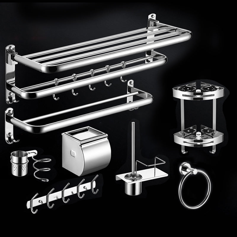 Modern Stainless Steel Bath Shelf Paper Holder Bathroom Accessory Kit 8-Piece Set (Double Rods) Clearhalo 'Bathroom Hardware Sets' 'Bathroom Hardware' 'Bathroom Remodel & Bathroom Fixtures' 'bathroom_hardware_sets' 'Home Improvement' 'home_improvement' 'home_improvement_bathroom_hardware_sets' 6762994