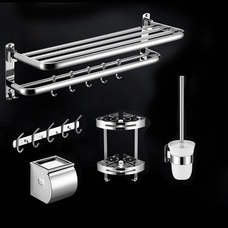 Modern Stainless Steel Bath Shelf Paper Holder Bathroom Accessory Kit 5-Piece Set(Double Deck Shelves) Clearhalo 'Bathroom Hardware Sets' 'Bathroom Hardware' 'Bathroom Remodel & Bathroom Fixtures' 'bathroom_hardware_sets' 'Home Improvement' 'home_improvement' 'home_improvement_bathroom_hardware_sets' 6762998