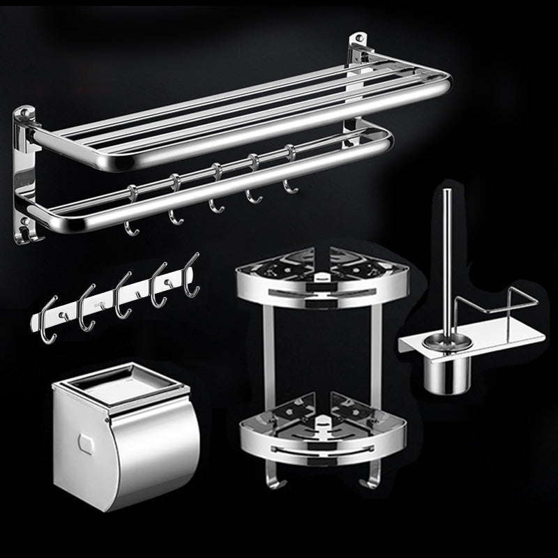 Modern Stainless Steel Bath Shelf Paper Holder Bathroom Accessory Kit 5-Piece Set (Row Hook) Clearhalo 'Bathroom Hardware Sets' 'Bathroom Hardware' 'Bathroom Remodel & Bathroom Fixtures' 'bathroom_hardware_sets' 'Home Improvement' 'home_improvement' 'home_improvement_bathroom_hardware_sets' 6763016