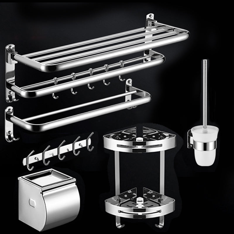 Modern Stainless Steel Bath Shelf Paper Holder Bathroom Accessory Kit 6-Piece Set (Toilet Brush) Clearhalo 'Bathroom Hardware Sets' 'Bathroom Hardware' 'Bathroom Remodel & Bathroom Fixtures' 'bathroom_hardware_sets' 'Home Improvement' 'home_improvement' 'home_improvement_bathroom_hardware_sets' 6763017