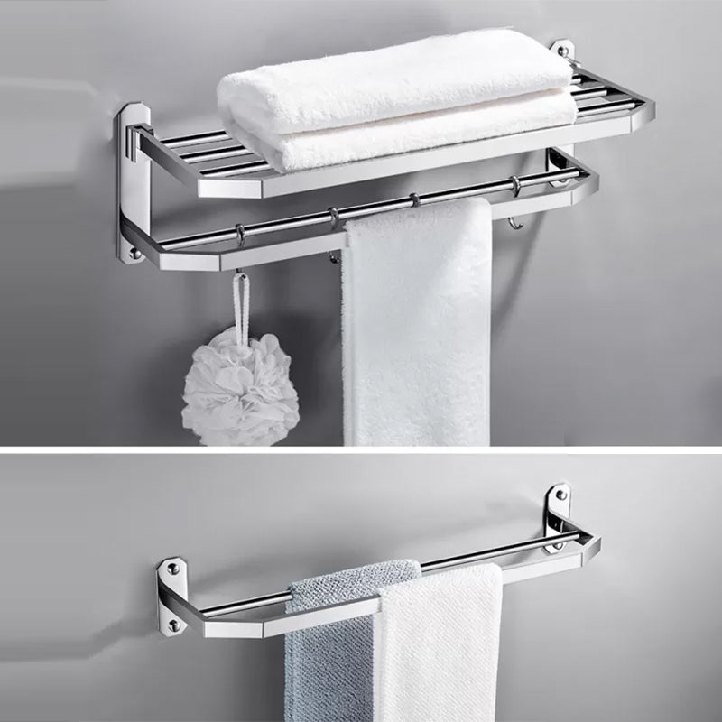 Contemporary Polished Chrome Bathroom Accessory Set with Towel Bar & Bath Shelf Towel Rack + Towel Bar (Angled) Clearhalo 'Bathroom Hardware Sets' 'Bathroom Hardware' 'Bathroom Remodel & Bathroom Fixtures' 'bathroom_hardware_sets' 'Home Improvement' 'home_improvement' 'home_improvement_bathroom_hardware_sets' 6763253