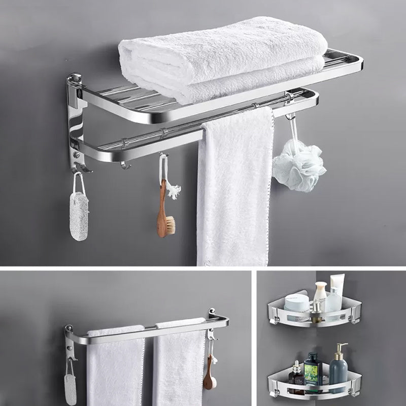 Contemporary Polished Chrome Bathroom Accessory Set with Towel Bar & Bath Shelf Round Corner 4-Piece Set (Towel Bar) Clearhalo 'Bathroom Hardware Sets' 'Bathroom Hardware' 'Bathroom Remodel & Bathroom Fixtures' 'bathroom_hardware_sets' 'Home Improvement' 'home_improvement' 'home_improvement_bathroom_hardware_sets' 6763255