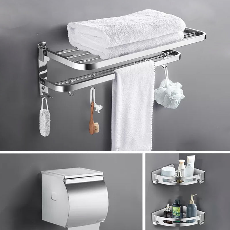 Contemporary Polished Chrome Bathroom Accessory Set with Towel Bar & Bath Shelf Round Corner 4-Piece Set (Toilet Paper Holder) Clearhalo 'Bathroom Hardware Sets' 'Bathroom Hardware' 'Bathroom Remodel & Bathroom Fixtures' 'bathroom_hardware_sets' 'Home Improvement' 'home_improvement' 'home_improvement_bathroom_hardware_sets' 6763257