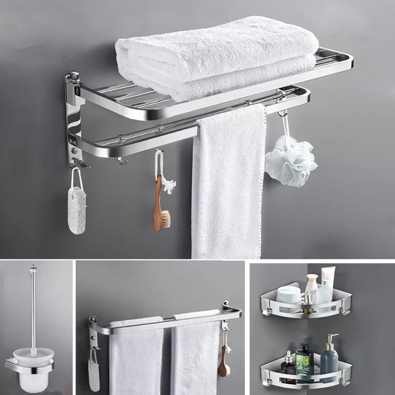 Contemporary Polished Chrome Bathroom Accessory Set with Towel Bar & Bath Shelf Round Corner 5-Piece Set (Towel Bar) Clearhalo 'Bathroom Hardware Sets' 'Bathroom Hardware' 'Bathroom Remodel & Bathroom Fixtures' 'bathroom_hardware_sets' 'Home Improvement' 'home_improvement' 'home_improvement_bathroom_hardware_sets' 6763259