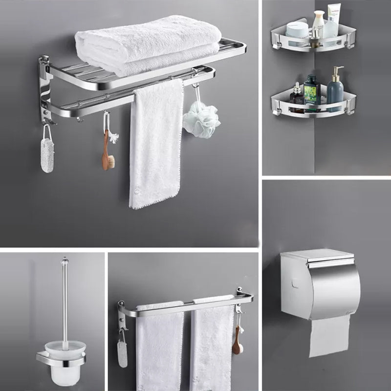 Contemporary Polished Chrome Bathroom Accessory Set with Towel Bar & Bath Shelf Round Corner 6-Piece Set Clearhalo 'Bathroom Hardware Sets' 'Bathroom Hardware' 'Bathroom Remodel & Bathroom Fixtures' 'bathroom_hardware_sets' 'Home Improvement' 'home_improvement' 'home_improvement_bathroom_hardware_sets' 6763263