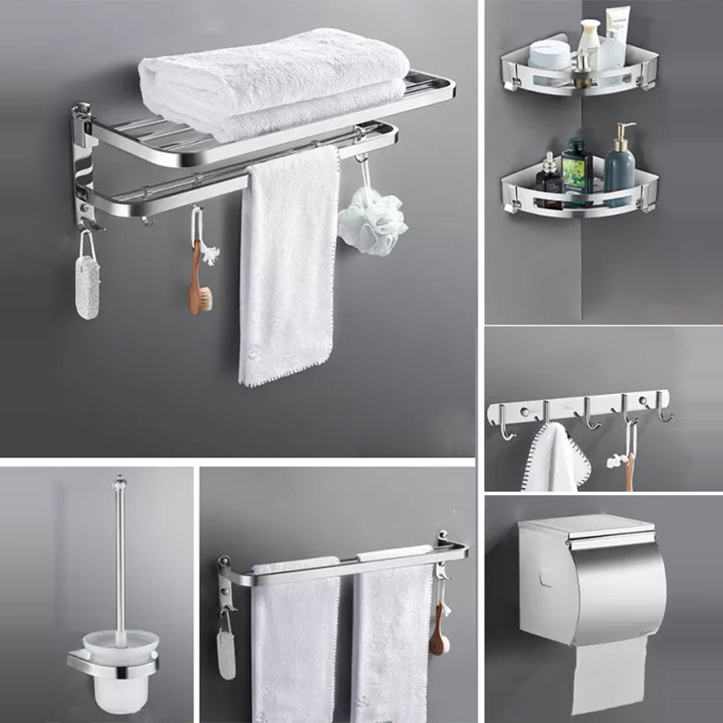 Contemporary Polished Chrome Bathroom Accessory Set with Towel Bar & Bath Shelf Round Corner 7-Piece (15"L Row Hook) Clearhalo 'Bathroom Hardware Sets' 'Bathroom Hardware' 'Bathroom Remodel & Bathroom Fixtures' 'bathroom_hardware_sets' 'Home Improvement' 'home_improvement' 'home_improvement_bathroom_hardware_sets' 6763266