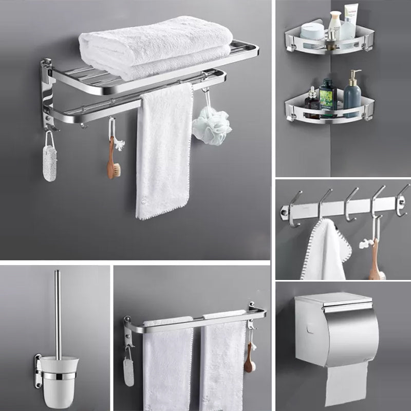 Contemporary Polished Chrome Bathroom Accessory Set with Towel Bar & Bath Shelf Round Corner 7-Piece Set (14"L Row Hook) Clearhalo 'Bathroom Hardware Sets' 'Bathroom Hardware' 'Bathroom Remodel & Bathroom Fixtures' 'bathroom_hardware_sets' 'Home Improvement' 'home_improvement' 'home_improvement_bathroom_hardware_sets' 6763268