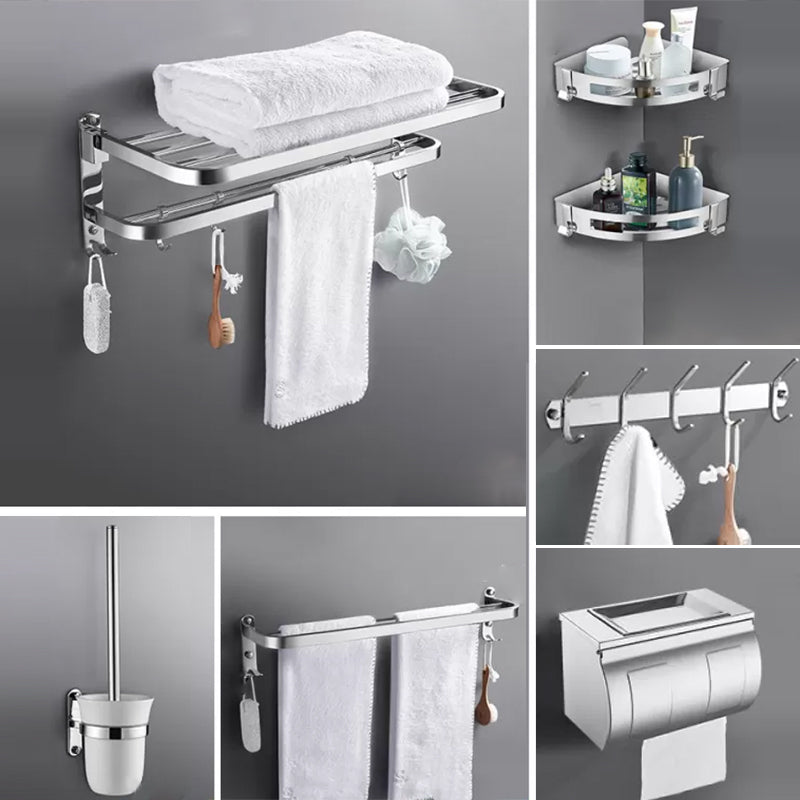 Contemporary Polished Chrome Bathroom Accessory Set with Towel Bar & Bath Shelf Round Corner 7-Piece Set (8"L Toilet Paper Holder) Clearhalo 'Bathroom Hardware Sets' 'Bathroom Hardware' 'Bathroom Remodel & Bathroom Fixtures' 'bathroom_hardware_sets' 'Home Improvement' 'home_improvement' 'home_improvement_bathroom_hardware_sets' 6763270