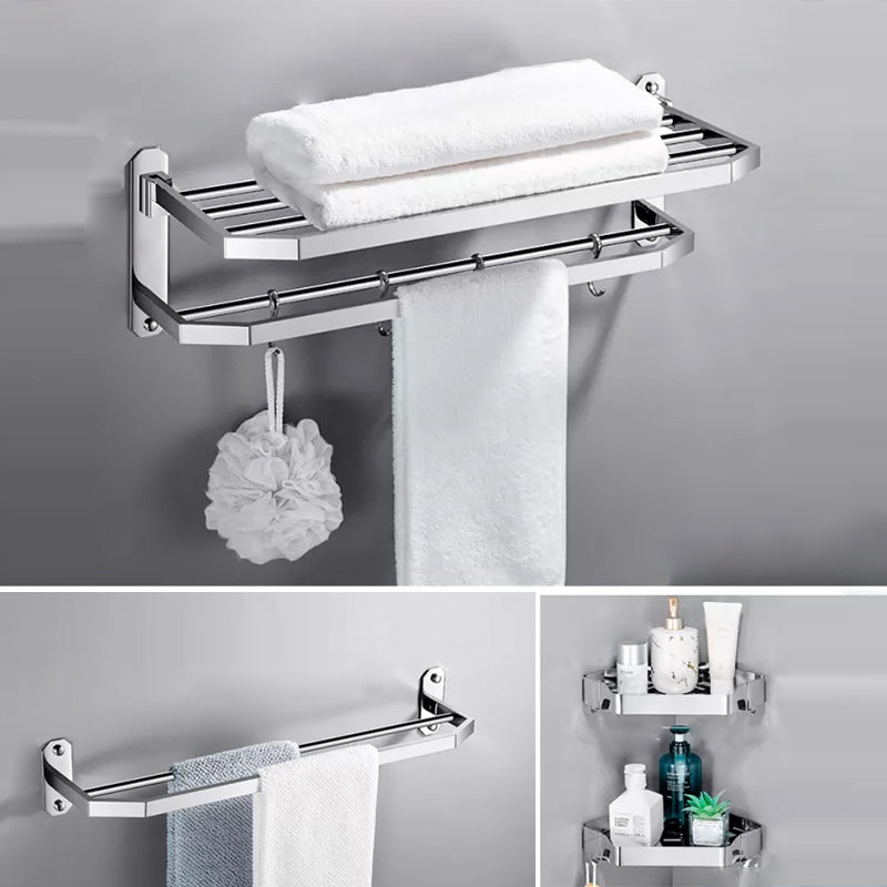 Contemporary Polished Chrome Bathroom Accessory Set with Towel Bar & Bath Shelf Angled 4-Piece Set (Towel Bar) Clearhalo 'Bathroom Hardware Sets' 'Bathroom Hardware' 'Bathroom Remodel & Bathroom Fixtures' 'bathroom_hardware_sets' 'Home Improvement' 'home_improvement' 'home_improvement_bathroom_hardware_sets' 6763274