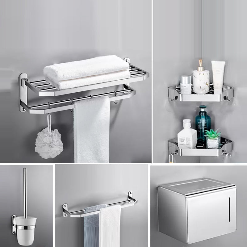 Contemporary Polished Chrome Bathroom Accessory Set with Towel Bar & Bath Shelf Angled 6-Piece Set Clearhalo 'Bathroom Hardware Sets' 'Bathroom Hardware' 'Bathroom Remodel & Bathroom Fixtures' 'bathroom_hardware_sets' 'Home Improvement' 'home_improvement' 'home_improvement_bathroom_hardware_sets' 6763277