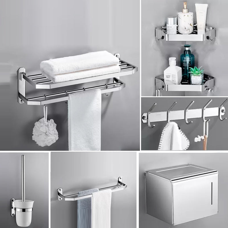 Contemporary Polished Chrome Bathroom Accessory Set with Towel Bar & Bath Shelf Angled 7-Piece Set Clearhalo 'Bathroom Hardware Sets' 'Bathroom Hardware' 'Bathroom Remodel & Bathroom Fixtures' 'bathroom_hardware_sets' 'Home Improvement' 'home_improvement' 'home_improvement_bathroom_hardware_sets' 6763278