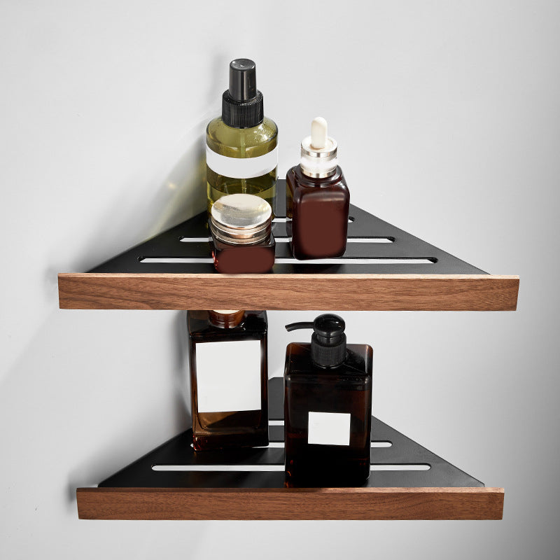 Wooden & Aluminum Bath Hardware Set Black Bathroom Accessory Kit Double Layer Triangle Bath Shelves Clearhalo 'Bathroom Hardware Sets' 'Bathroom Hardware' 'Bathroom Remodel & Bathroom Fixtures' 'bathroom_hardware_sets' 'Home Improvement' 'home_improvement' 'home_improvement_bathroom_hardware_sets' 6763306