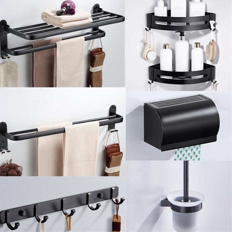 Modern Bathroom Hardware Paper Holder Bath Shelf Bathroom Accessory Kit Black 7-Piece Set (Hooks) Clearhalo 'Bathroom Hardware Sets' 'Bathroom Hardware' 'Bathroom Remodel & Bathroom Fixtures' 'bathroom_hardware_sets' 'Home Improvement' 'home_improvement' 'home_improvement_bathroom_hardware_sets' 6763338