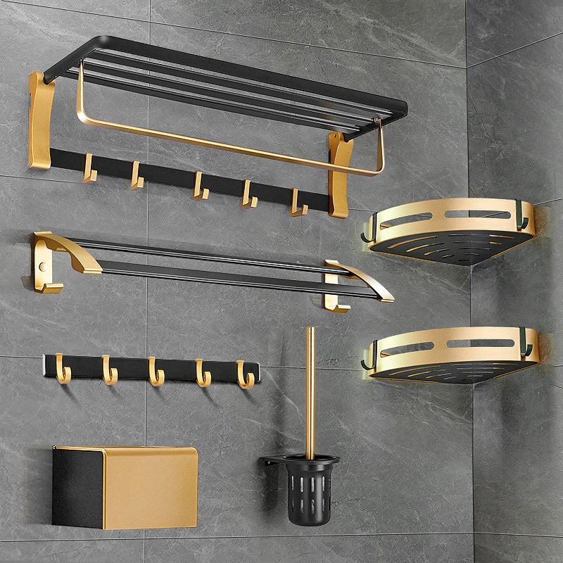 Contemporary Bathroom Accessory Set Black & Golden Bath Shelf/Towel Bar Clearhalo 'Bathroom Hardware Sets' 'Bathroom Hardware' 'Bathroom Remodel & Bathroom Fixtures' 'bathroom_hardware_sets' 'Home Improvement' 'home_improvement' 'home_improvement_bathroom_hardware_sets' 6763377