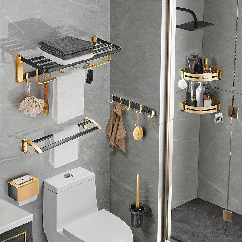 Contemporary Bathroom Accessory Set Black & Golden Bath Shelf/Towel Bar Clearhalo 'Bathroom Hardware Sets' 'Bathroom Hardware' 'Bathroom Remodel & Bathroom Fixtures' 'bathroom_hardware_sets' 'Home Improvement' 'home_improvement' 'home_improvement_bathroom_hardware_sets' 6763379