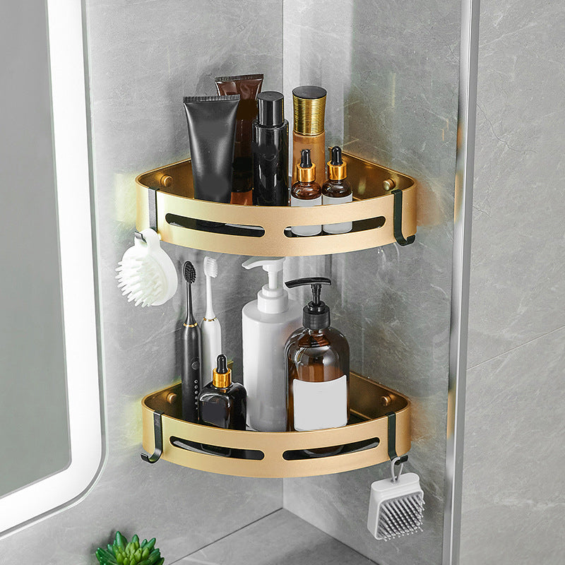 Contemporary Bathroom Accessory Set Black & Golden Bath Shelf/Towel Bar 2-Piece Set (Triangular Bath Shelf) Clearhalo 'Bathroom Hardware Sets' 'Bathroom Hardware' 'Bathroom Remodel & Bathroom Fixtures' 'bathroom_hardware_sets' 'Home Improvement' 'home_improvement' 'home_improvement_bathroom_hardware_sets' 6763386