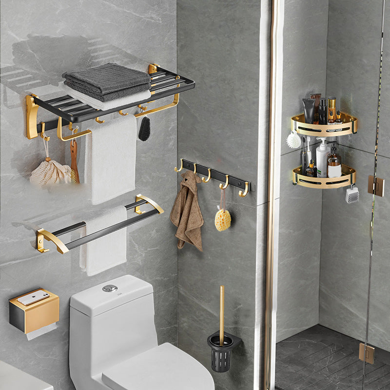 Contemporary Bathroom Accessory Set Black & Golden Bath Shelf/Towel Bar 7-Piece Set Clearhalo 'Bathroom Hardware Sets' 'Bathroom Hardware' 'Bathroom Remodel & Bathroom Fixtures' 'bathroom_hardware_sets' 'Home Improvement' 'home_improvement' 'home_improvement_bathroom_hardware_sets' 6763387